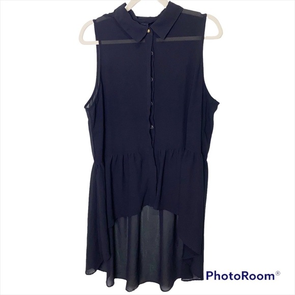 Toxik3 Black Chiffon Hi Low Hem Button Up Peplum Tunic Blouse Top Size 1X - Picture 1 of 9
